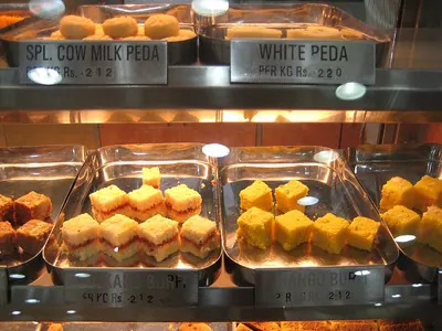 Burfi and peda in the display case